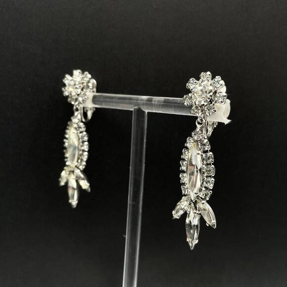 Vintage Signed Sherman Clear Rhinestone Clip on Earrings Bright and Sparkling 2" - Picture 6 of 10